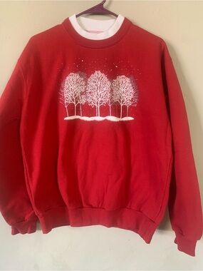 Women's Red Crewneck Sweatshirt with White Winter Tree Graphic